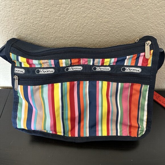 LeSportsac Multicolor Stripes Bag Handbag Purse Crossbody Wide Strap Tote Expand - Picture 5 of 12
